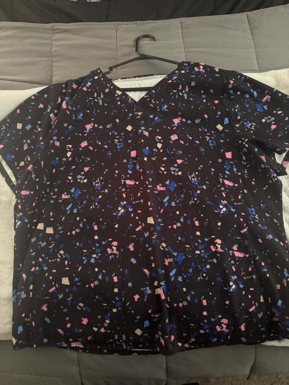 Women’s Black Printed V-Neck Scrub Top with Pink & Blue Accents